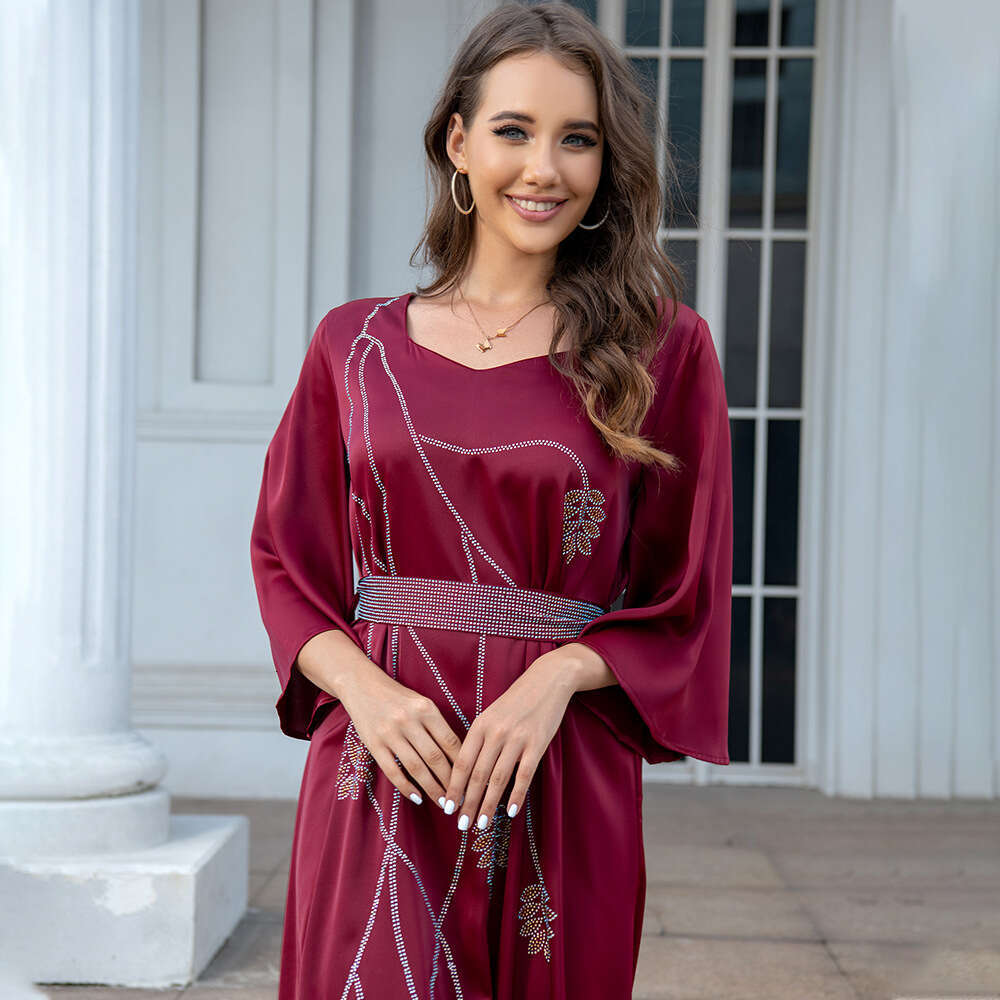 Muslim Abaya Leaf Pattern With Rhinestones Belt Dubai Robe Dress B5