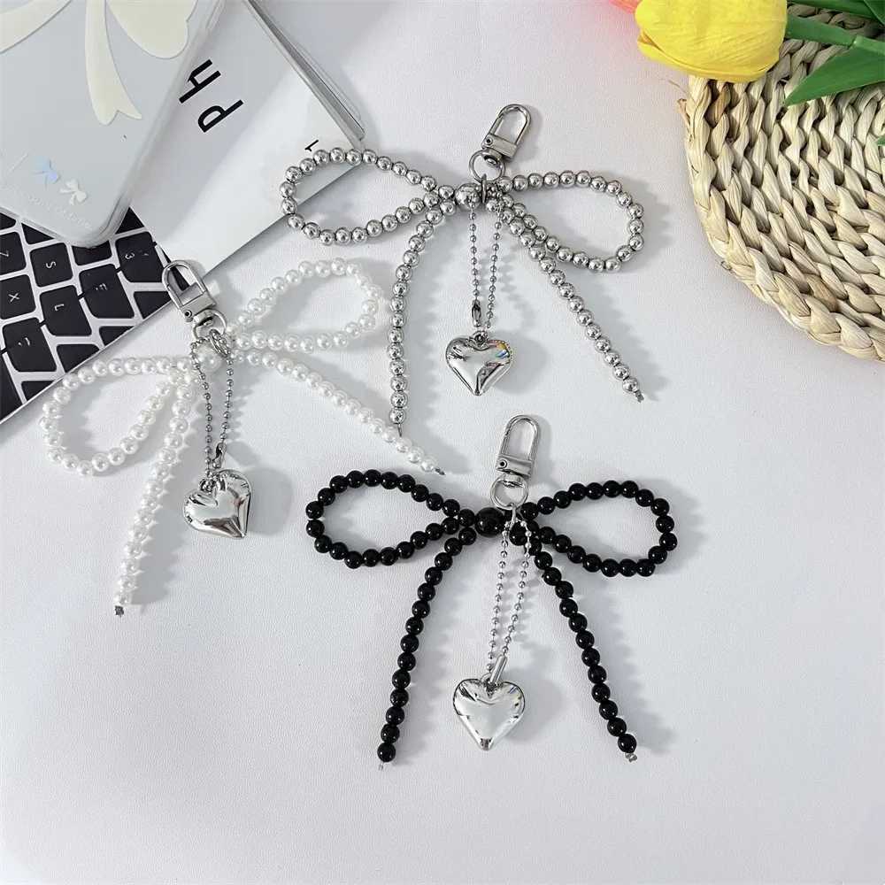 Bowknot Heart Bag Pendant Keychain Beaded Keyring White Pearl Bow Keychain Decoration For Bags Phones Car Korean Accessories W250604