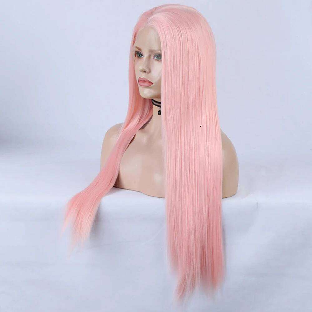 Light Straight Women Cosplay Synthetic Wig Silk Long Bubble Heat Fiber Lace Front Wigs Pink Fashion Hair