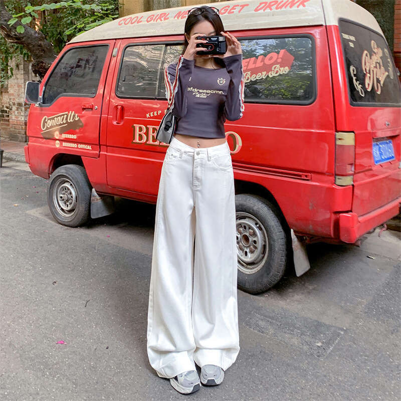White Tencel Wide-Leg Jeans For Women Spring Summer New High-Waist Slimming Three-Proof Draped Straight-Leg Floor-Length Pants B5