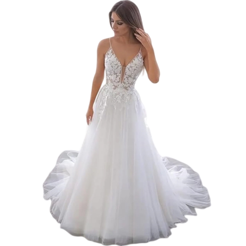 Spaghetti Straps Backless Bohemian Wedding Dresses For Bride Tulle Deep V Neck A Line Lace Appliques Long Bridal Gowns Charming Beach Vestido De Novia
