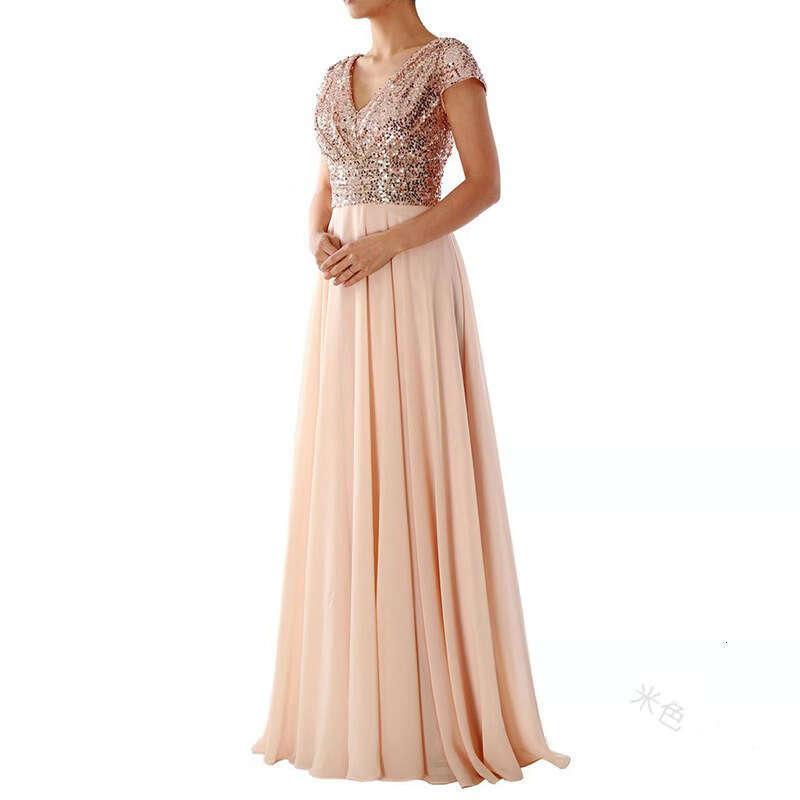 Summer New V-Neck Sequin Chiffon Patchwork Evening Gown Long Dress B5