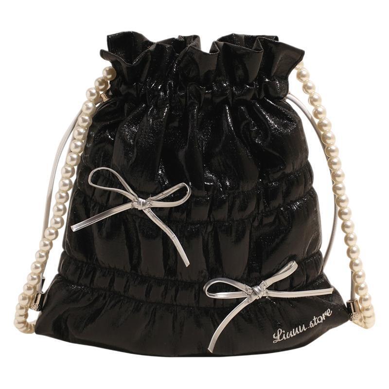 designer Trendy Fashion Bowknot Pleated Large Capacity Bucket Bag 2025 New Beaded Bright Color Travel Shoulder Crossbody Bag