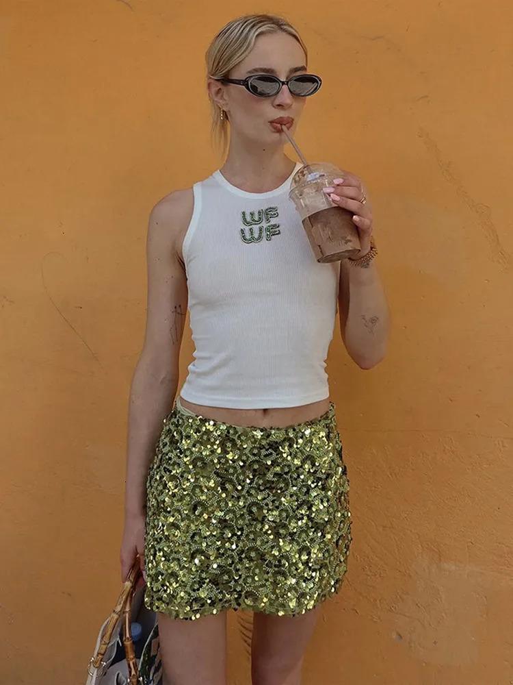 Women Shiny Green Sequins Mini Skirt Fashion High Waist Bodycon Short A-line Skirts 2025 Lady Sexy High Street Partywear 250603