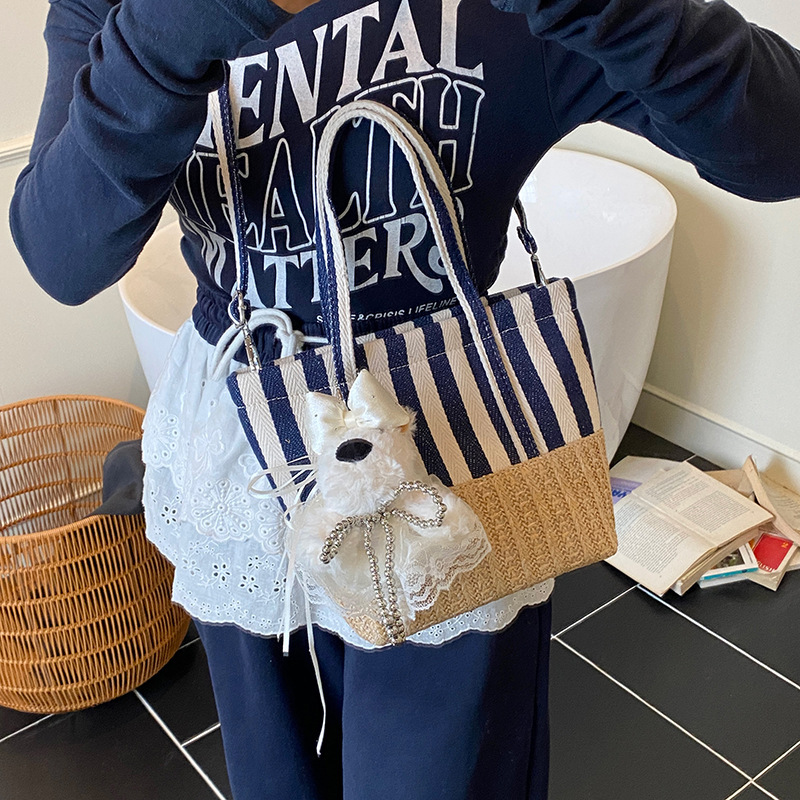 designer Canvas Patchwork Straw Woven Handbag for Women 2025 New Trend Striped Beach Bag Underarm Shoulder Bag Casual Tote Bag