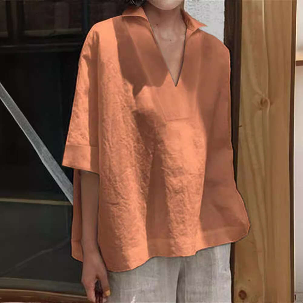 Spring Summer V-Neck Cotton Linen Versatile Solid Color Plus Size Loose Mid-Sleeve Women's Shirt B5