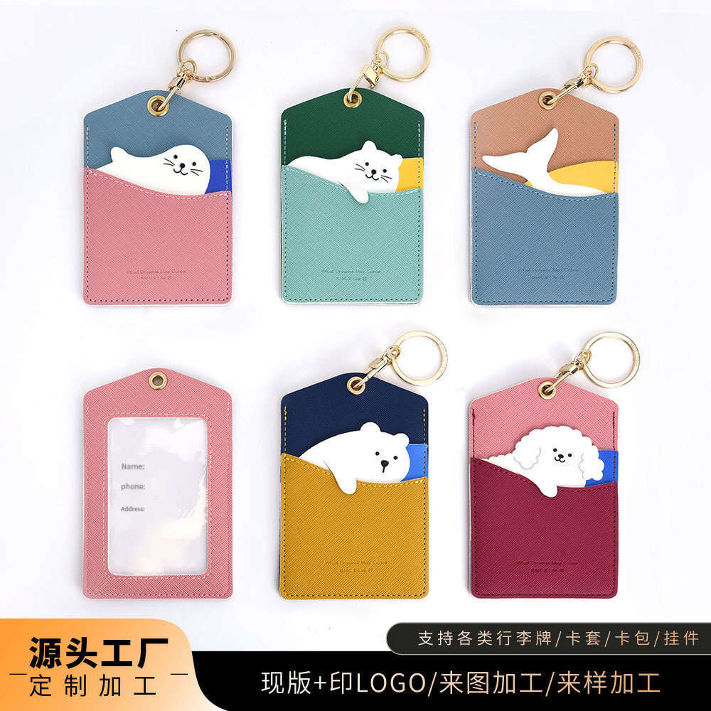 Korean and Japanese Cute Animal Leather Three Slots Student Bus Meal Card Holder Portable Keychain ID Clip