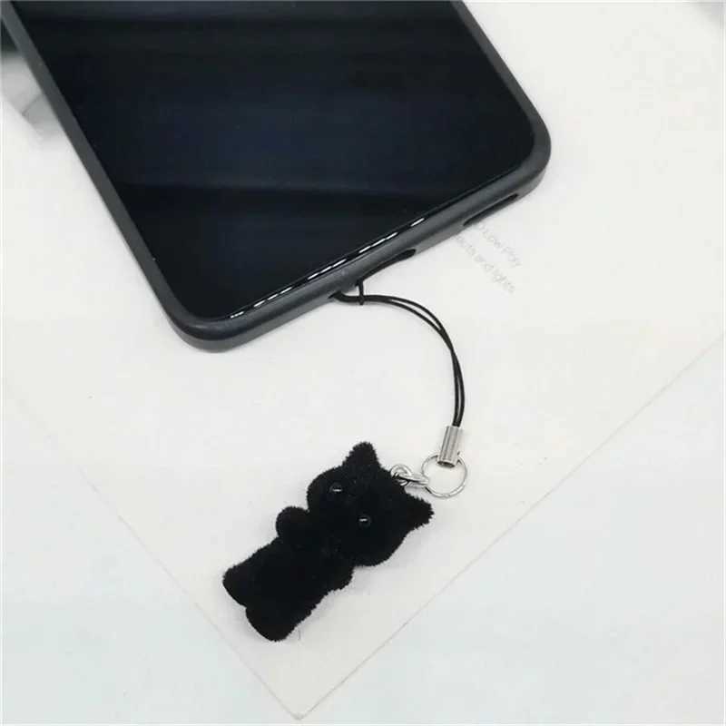 Cute 3D Flocking Black Kitten Keychain Little Cat Couple Mobile Phone Pendant Car Keyring Earphone Backpack Charms Bag Decor W250604