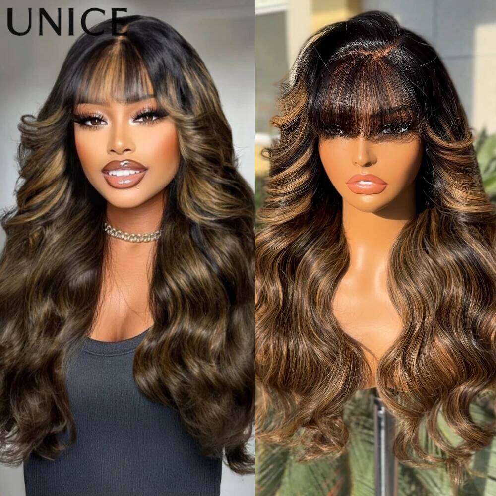 UNice Balayage Highlights Fluffy Loose Wave Curtain Bangs With Drawstring Glueless 7x5 13x4 Human Hair Lace Frontal Wig