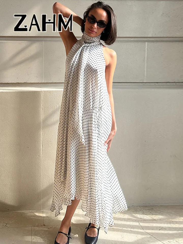 Elegant Polka Dots Halter Ribbons Dress Women Loose Sleeveless Scarf Irregular Long Dresses Female Summer Lady Robes 250604