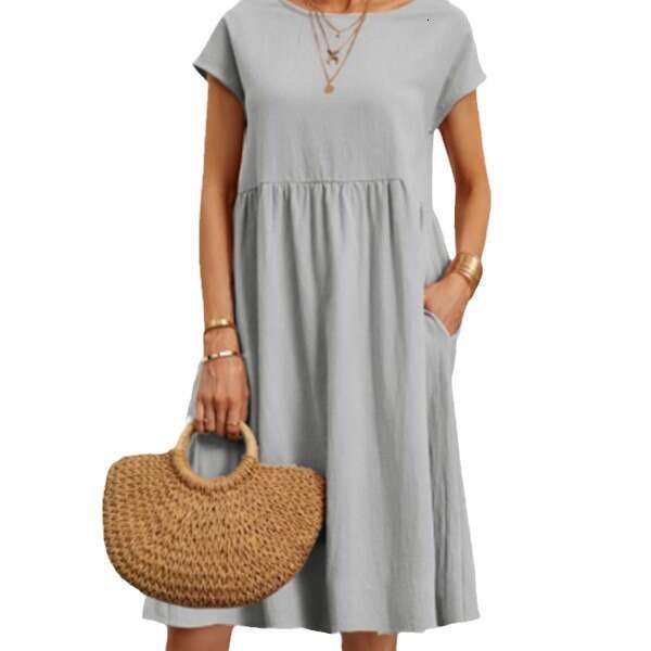 Fashion Summer OL Style Women's Cotton Linen Round Neck A-Line Plus Size Loose Dress B5