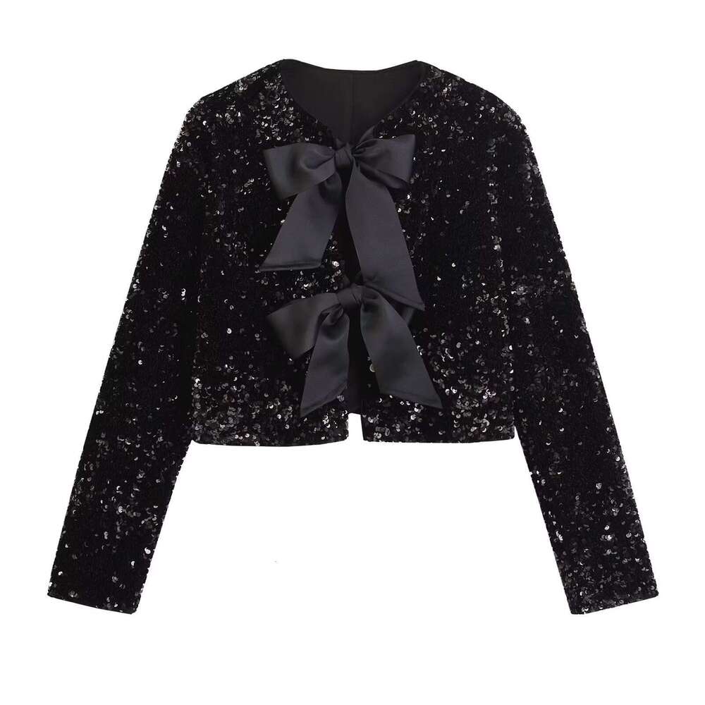 Women's Fashion Spring New V-Neck Bowknot Decor Party Sequin Short Jacket Coat B5