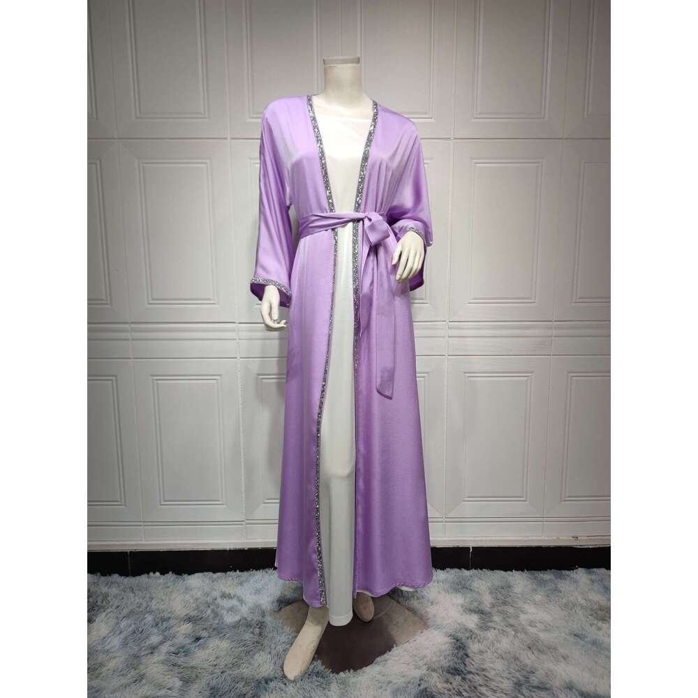 Mq058modest Rhinestone Long Dress Modern Fashion Satin Soft Outer Waist-Cinching Robe White Inner Abaya B5