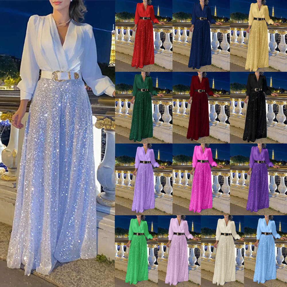 New Fashion V-Neck Long Sleeve Shirt Elegant Waist-Cinching Slimming Sequin Wide-Leg Pants - With Belt B5