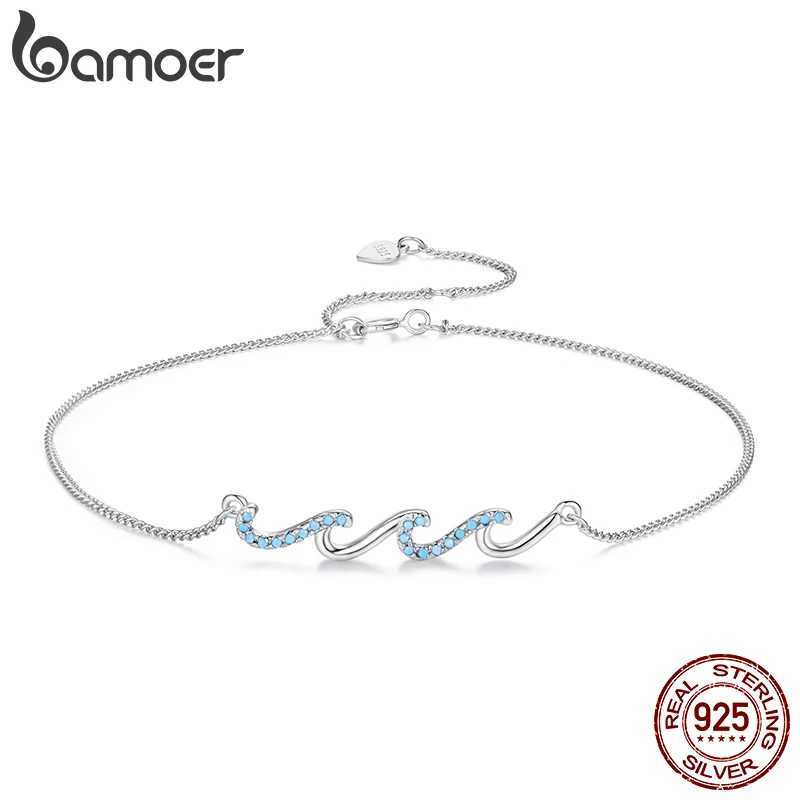 BAMOER 925 Sterling Silver Blue Sea Wave Charm Anklet for Women Gold Plated Beach Jewelry Trendy Best Friend Gift W250604