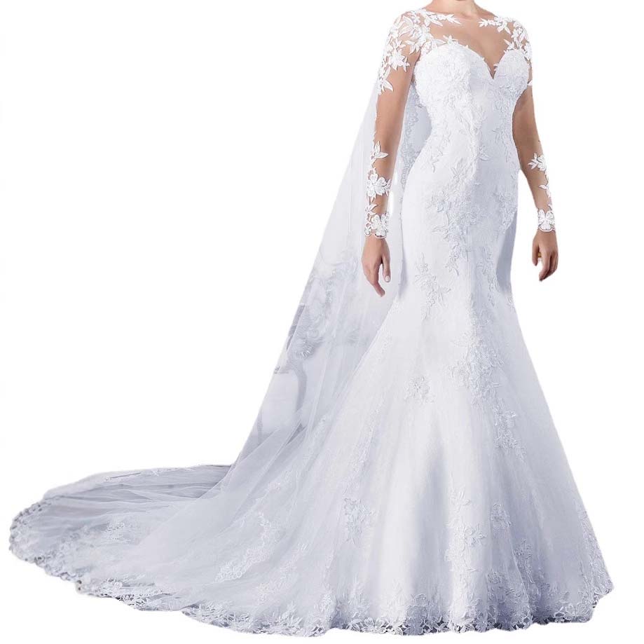 Wedding Dresses Sheer O-neck Long Sleeve Mermaid Wedding Dress See Through Illusion Back White Bridal Gowns with Lace Appliques Mermaid Dresses vestid