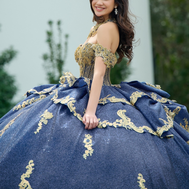 Navy Blue Sparkly Princess Quinceanera Dresses Off Shoulder Ball Gown Gold Appliques Lace Beading Bow Tull Sweet 16 Dress Vestidos De 15 Anos
