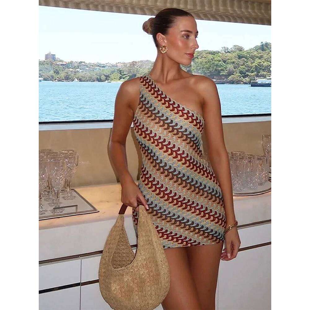 Irregular Printed Knitted Mini Dress For Women Chic Backless Slanted Shoulder Slim Fit Dresses 2025 Summer Holiday Beach Robes
