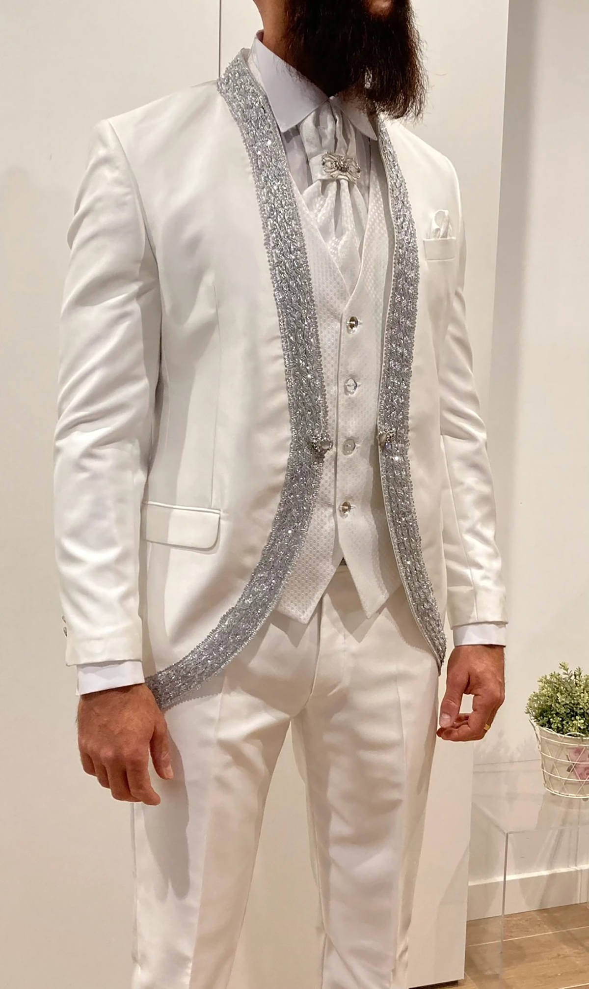 Fashion Man Suits Fit Slim Beading Shawl Lapel Muslim Blazer Party Prom 2 Pieces Set Rhinestone Customized One Button Jacket Pants Plus Size