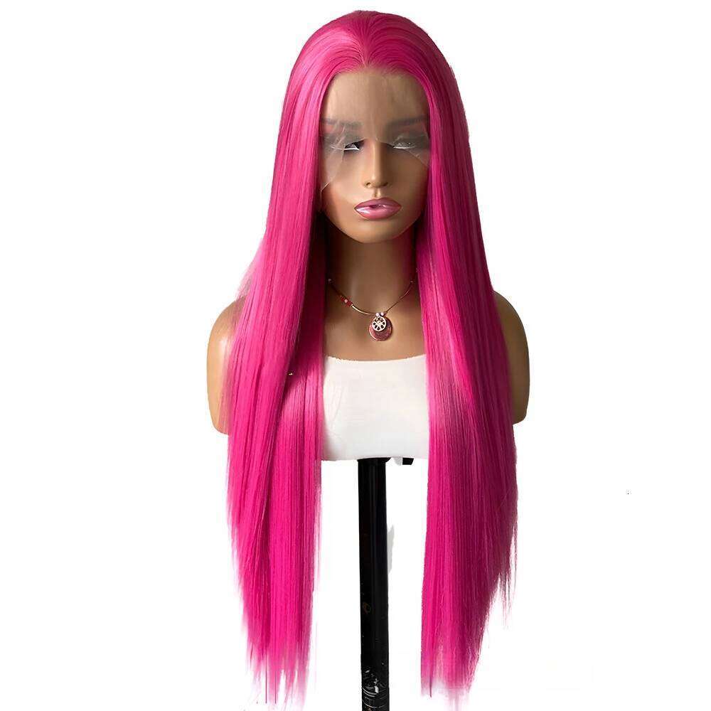 Rose Straight Synthetic Lace Glueless Wigs For Women Natural Hairline Daily Wear Long Pink Wig Cosplay Part Front Hair