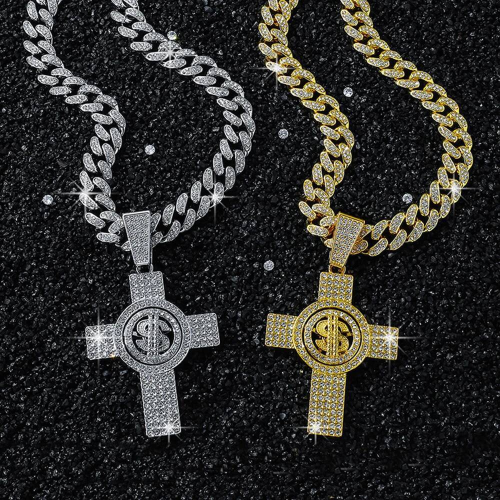 Men Hip Hop Cross Pendant Necklace with 13mm Miami Cuban Chain Rotatable US Dollar Money Sign Pendants Necklaces Fashion Jewelry