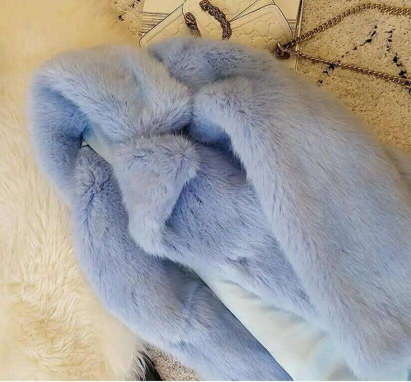 HIGH QUALITY Winter Lapel Hairy Shaggy Jacket Aqua blue Vintage sleeve Furry Faux Fur Coat Mid Long Outerwear