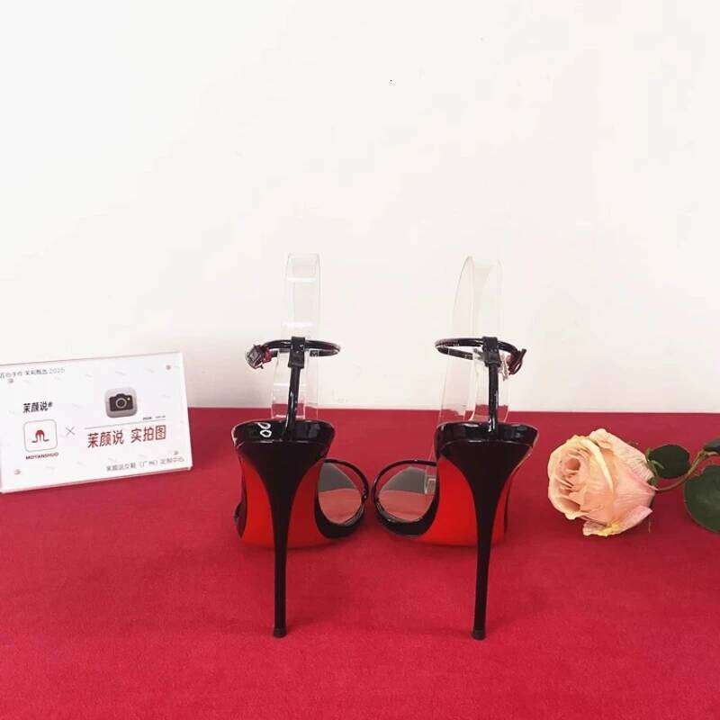 2025 New Minimalist Line Curved Straight Strap Ultra High Sandals Sexy Wristband Large Size Thin Heel 12cm Red Bottom