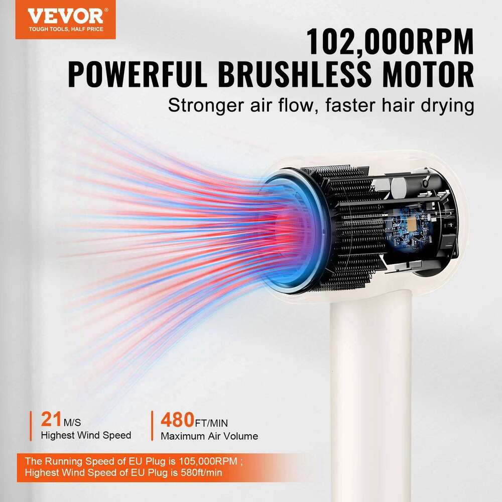 VEVOR High-Speed Hair Dryer Brushless Motor 200 Million Negative Ions Lightweight Hairdryer With Nozzle For Home Travel