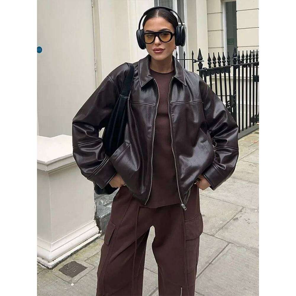 Vintage Pu Leather Women's Jackets With Zipper Casual Loose Lapel Full Sleeve Pockets Female Coat High Street Lady Outerwears
