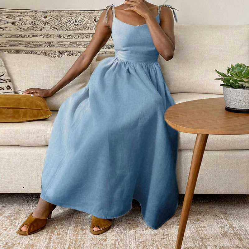 Women's Backless Elegant Mori Style Sexy V-Neck High Waist Fashion Spaghetti Strap Dress B5