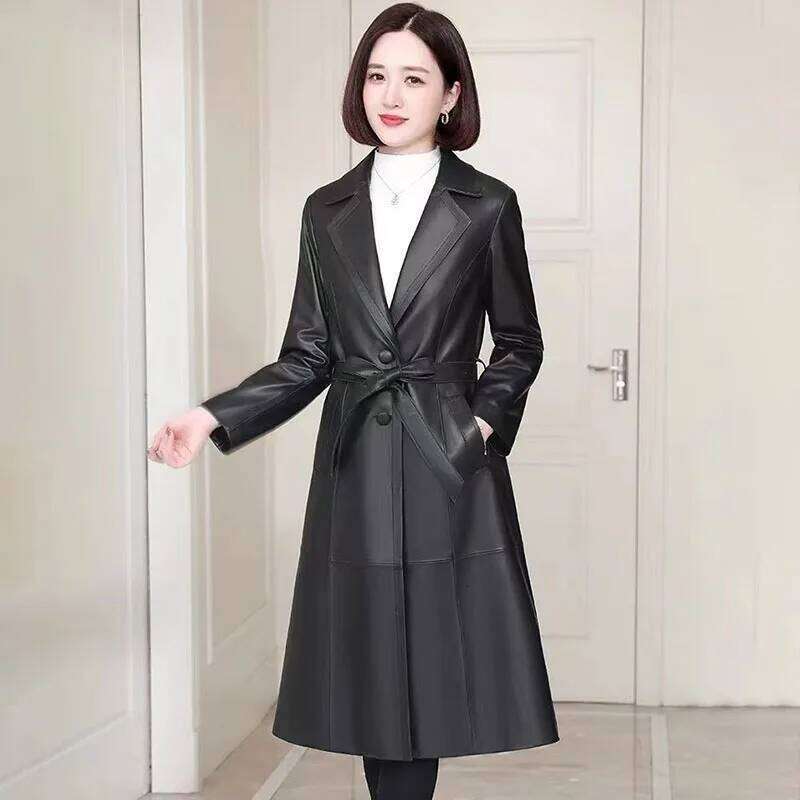 Chic Casual Trenchcoat Women's Overcoat 2024 Autumn Winter New Fashion Loose Mid-Length All-Match PU Leather Coat