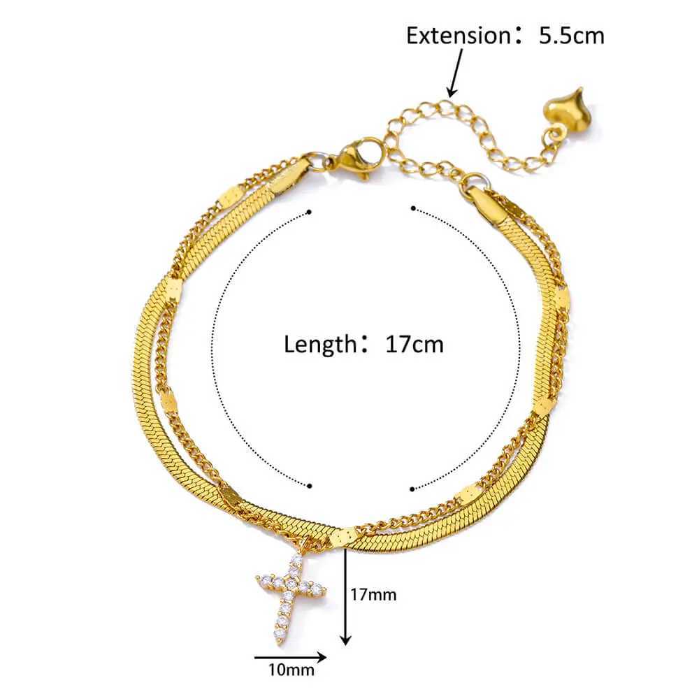 Zircon Cross Anklets For Women Gold Color Stainless Steel Cross Anklet Double Chain Summer Beach Party Jewelry Gift Accessories W250604