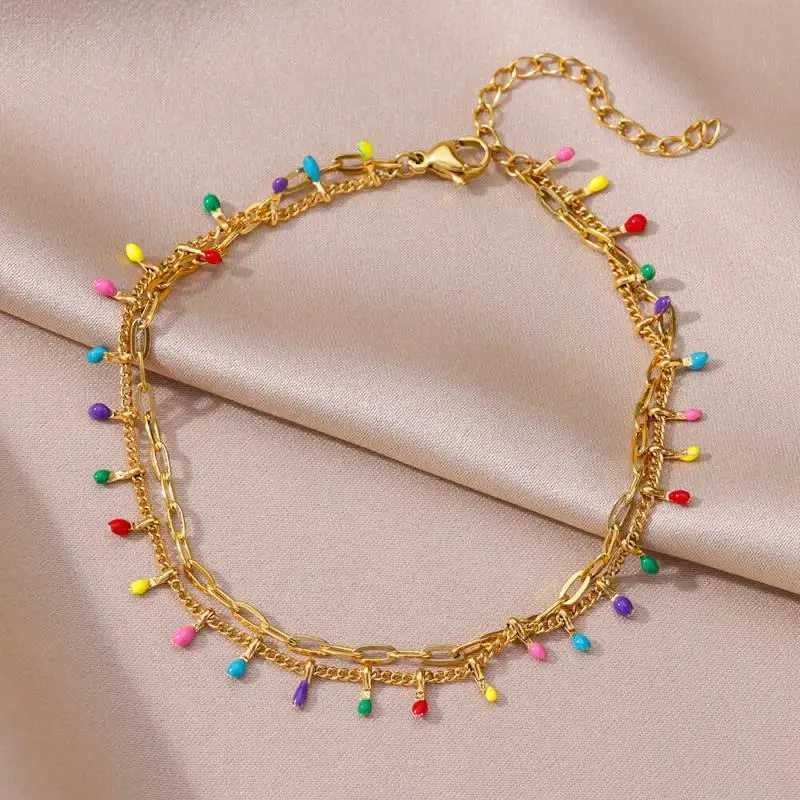 Anklets for Women Summer Beach Accessories Boho Colorful Stainless Steel Two Layer Chain Anklet Leg Bracelets Fashion Jewelry W250604