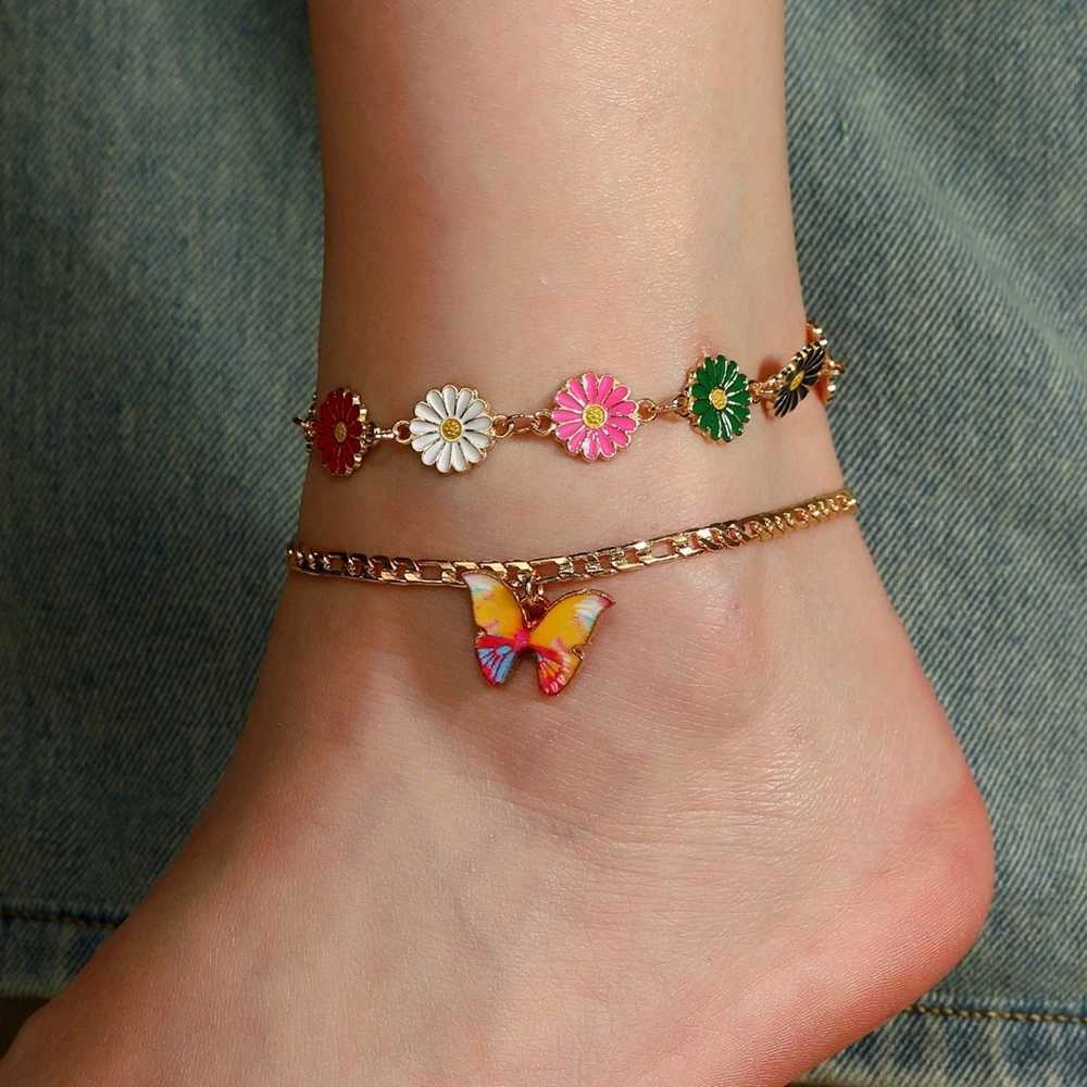 2 Piece Fashion Foot Bracelets Elegant Gold Color Enamel Daisy Butterfly Anklets For Women Summer Beach Jewelry Ankle Chain W250604