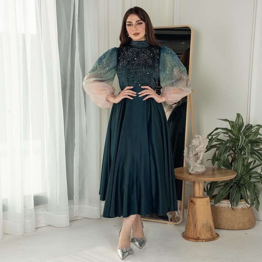 Because0287 Jalabiya Muslim Rhinestone Robe Puff Sleeve Evening Dress Gradient Color Gown B5