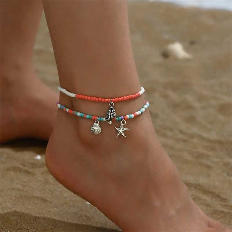 Multilayer Charm Red Cherry Anklets for Women Vintage Boho Shiny Zircon Starfish Shell Conch Foot Leg Ankle Chain Beach Jewelry W250604