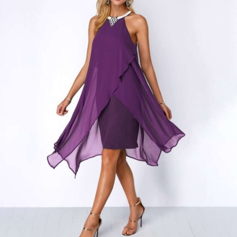 European and American women's solid color mesh sleeveless irregular loose dress 2025 new casual versatile fashion clothing