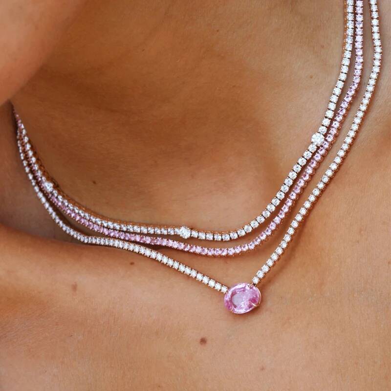 Pink Freen Heart Pendent Gold Plated CZ Tennis 3A Zircon Paved Crystal Chain Choker Necklace For Women Jewelry Gift