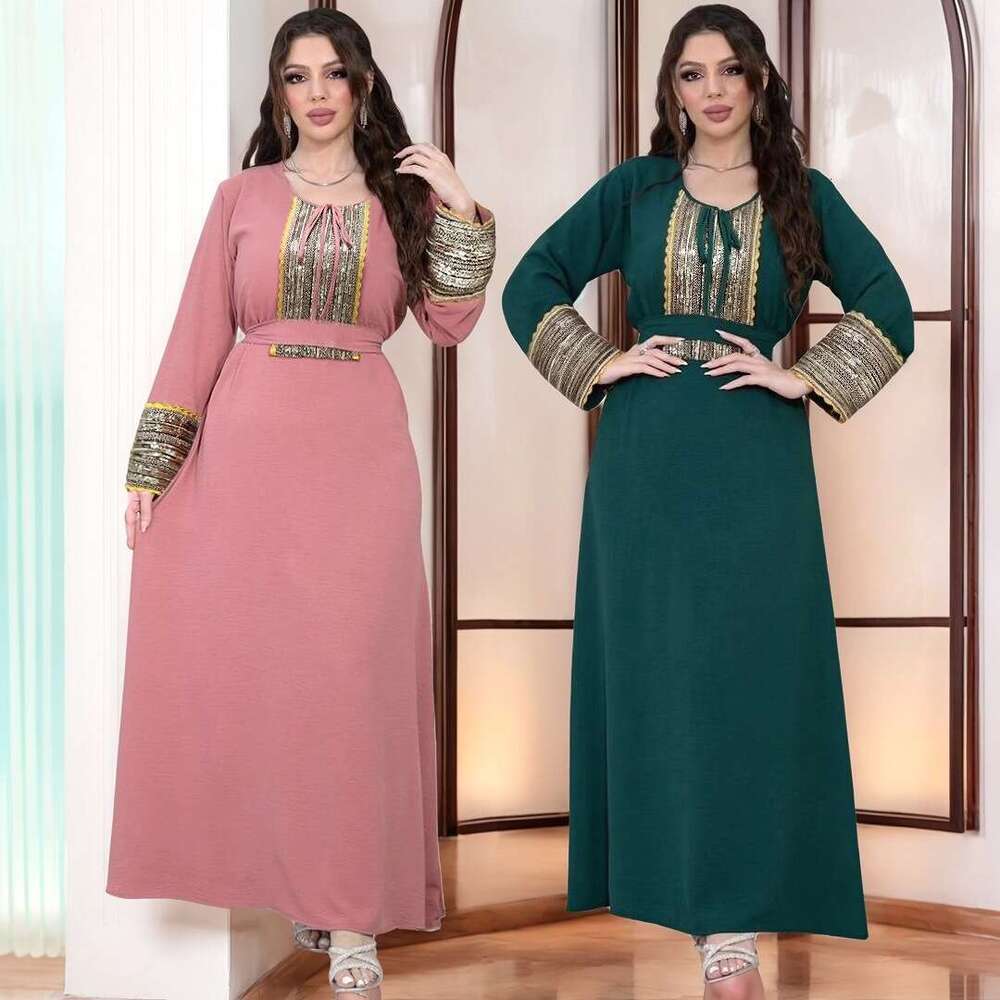 Because0377 Jalabiya Neck Tie Design Sequin Patchwork Small Lace Evening Dress B5