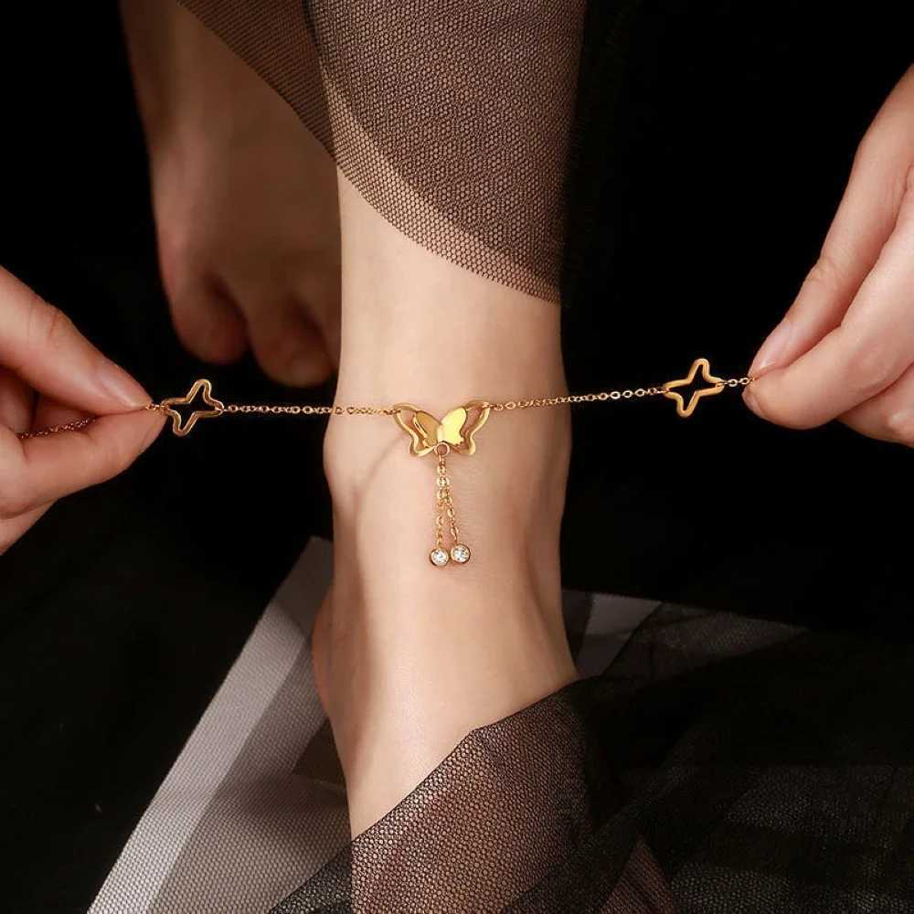 Stainless Steel Women Butterfly Pendant Foot Chain Barefoot Leg Bracelet Rose Gold Color Beach Anklet Jewelry Drop Shipping W250604