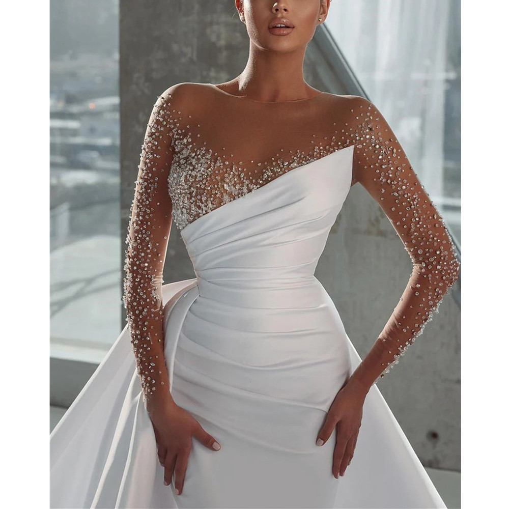 Long Sleeves Lace Mermaid Wedding Dress Floral Appliques Scoop Neck Princess Bridal Gowns Chic Bride Dress Vestido De Noiva Plus Size 01