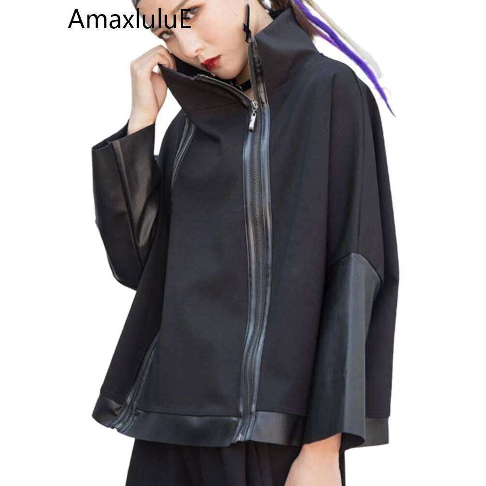 AmaxluluE Autumn 2025 Fashion Korean Ladies Punk Streetwear Womens Black Leather Patchwork Jacket Zipper Vintage Turtleneck Coat