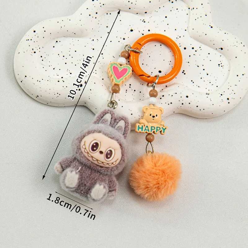 New Arrival Sitting Labubu Keychain Mini Flocking Labubu Key Chain Kawaii Cell Phone Charm Ornaments Cute Rabbit Keyring Gift U250604
