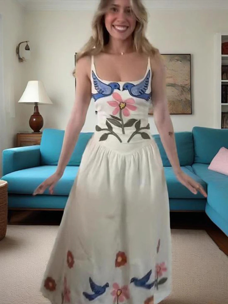 Woman Floral Embroidery Slip Dress Casual Evening Party Tube Empire Sleeveless A-line Print Robes Summer Fashion Vestido 250604