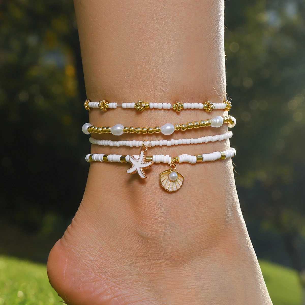 Boho Summer Beach Starfish Turtle Flower Seed Beads Anklet for Women Men Vintage Handmade Multilayer Anklets Holiday Jewelry W250604