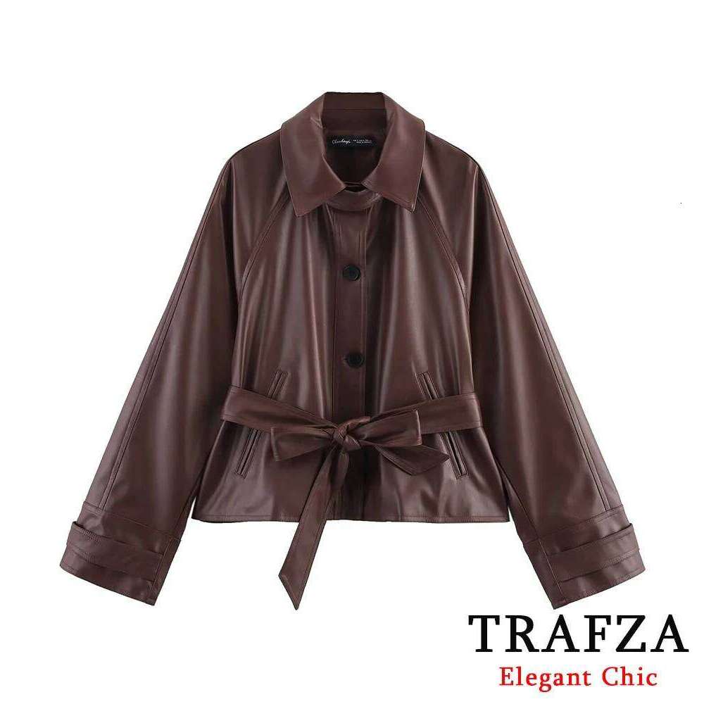 TRAFZA Women Stylish Imitation Leather Short Trench Coat With Belt 2025 New Spring Fall Fashion Commuter High Street Jacket