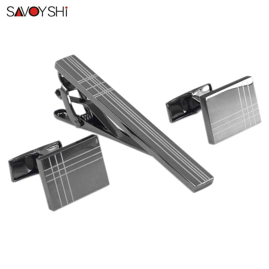 SAVOYSHI Classic Square Black Laser Stripe Business Mens Cufflinks Tie Clips Set High Quality Necktie Pin Tie Bars Clip Clasp W250604