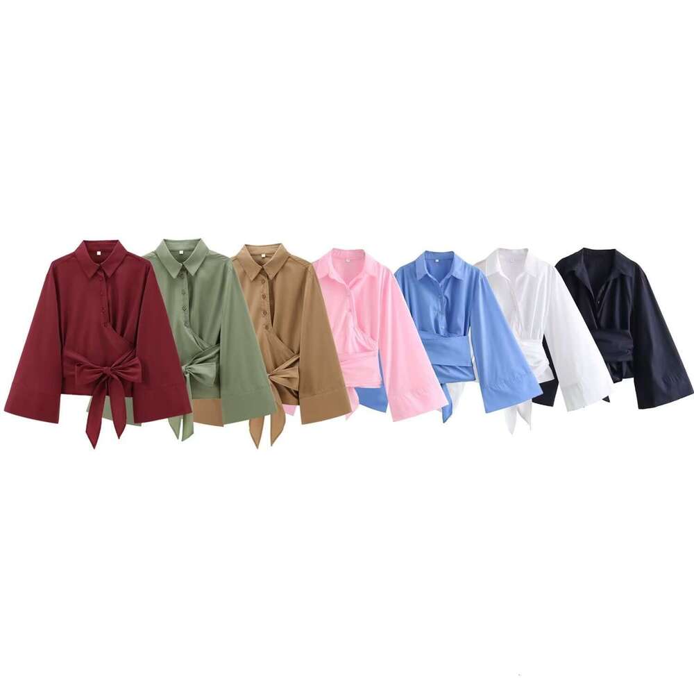 Women's Clothing Spring New Style Double Collar Poplin Slim Fit Bow Tie Short Shirt B5