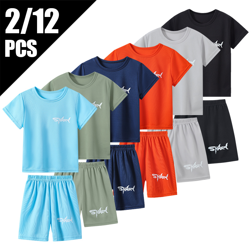 Kids Outdoor Activity Gear: Lightweight Short Sleeve Top with Matching Pants Featuring Sharks and Letters for Boys Aged 4-12 Years Old