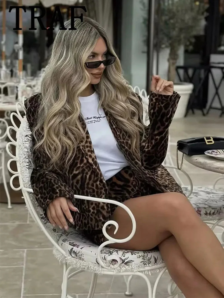 Fashion Long Sleeve Blazers Top Women 2 Pieces Leopard Printed Mini Skirt Sets Suit Two Piece Set Outfit 250604Z